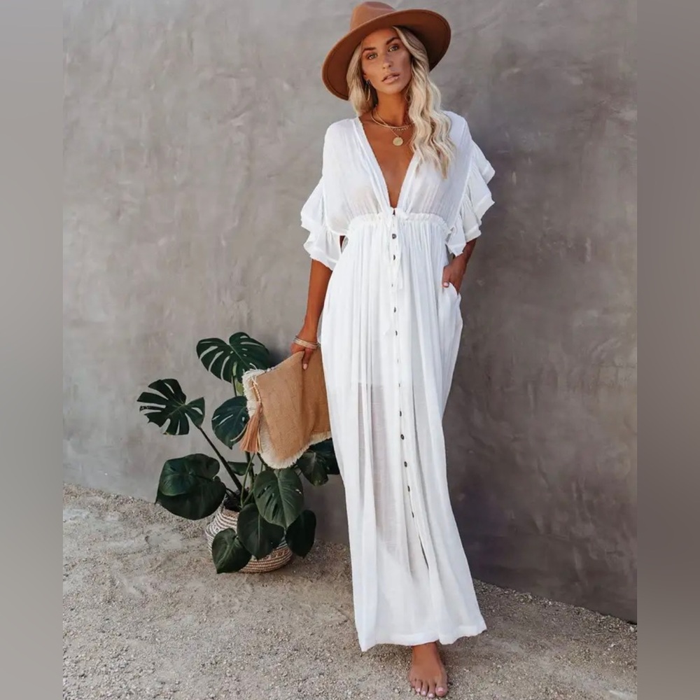 Elegant Amelia Beach Dress Swimsuit Cover-Up in White Oversized OSFM - Picture 2 of 12